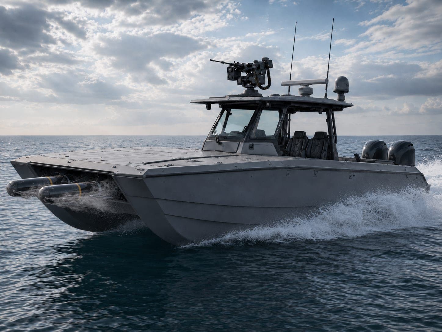 Aerinos concept optionally crewed offshore catamaran surface vessel with a remote weapon station and bow-mounted modular launch tubes